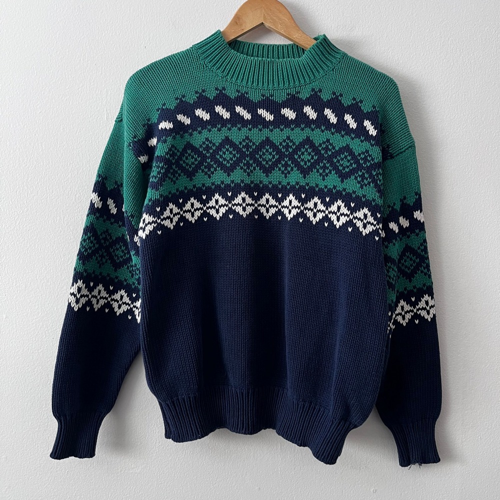 Gap Vintage Nordic Argyle Design 100% Cotton Sweater Navy‎ Green size small